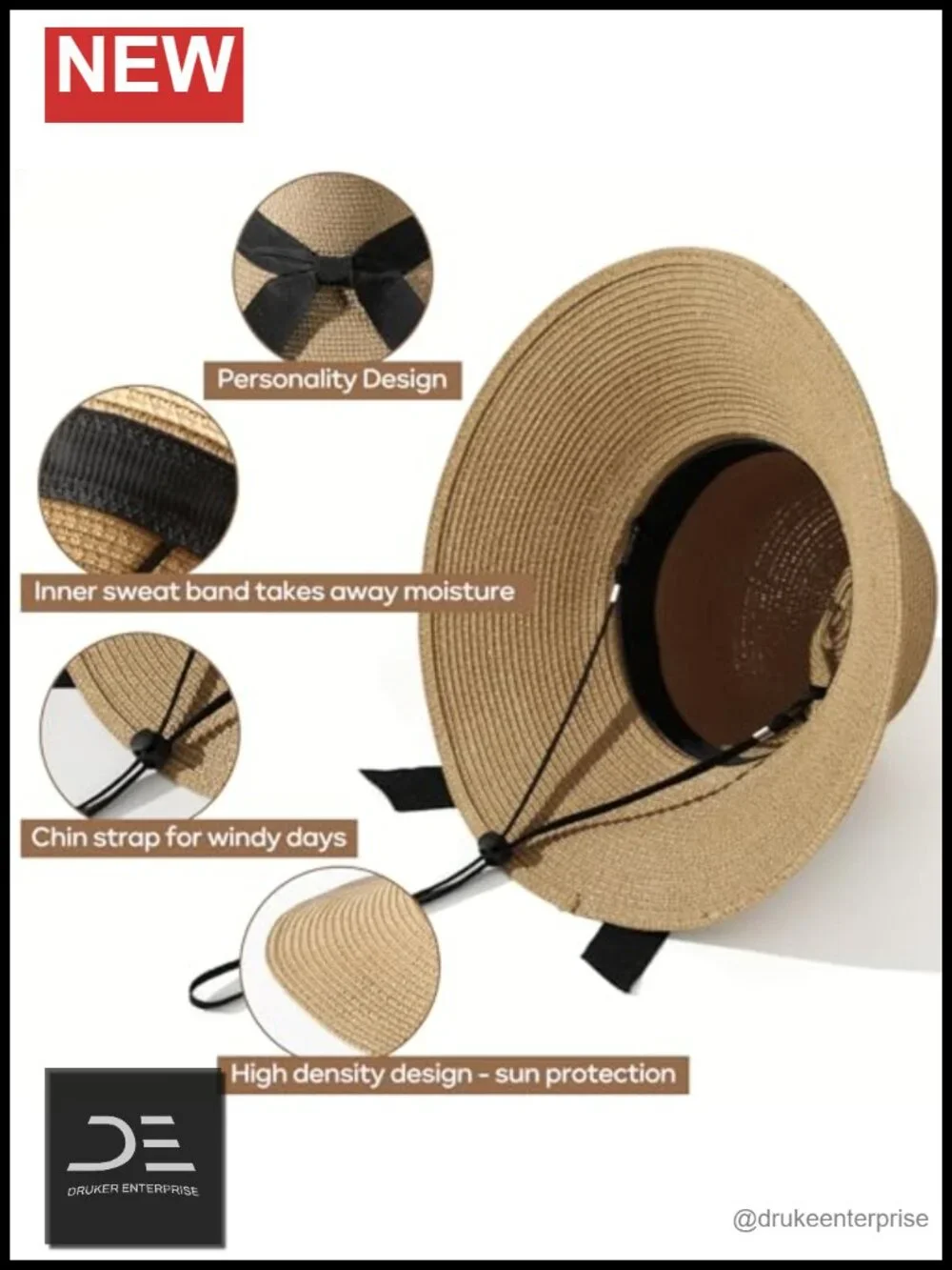 Wide Brim Straw Sun Hat with Chin Strap, Foldable UV Protection